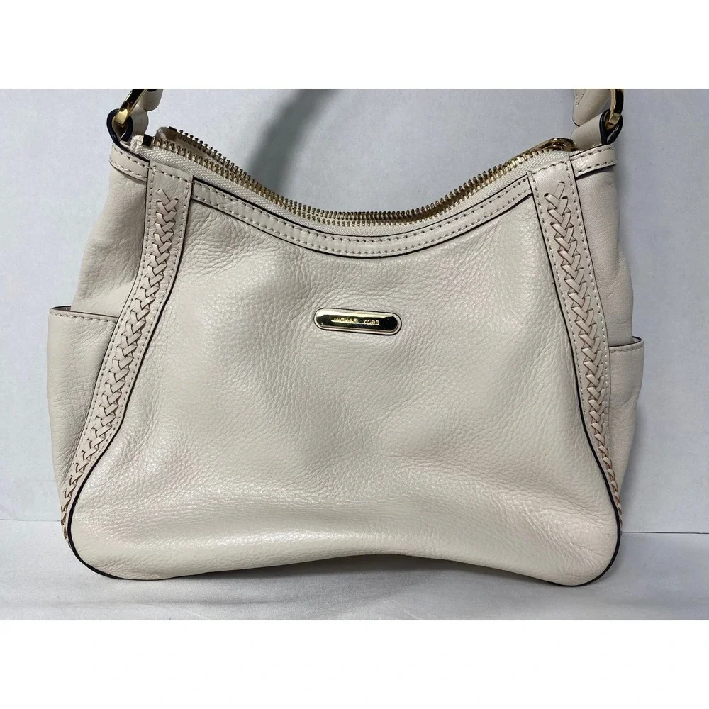 Michael Kors Hobo Bag Womens Small Cream‎ Pebbled Leather Braided Shoulder Bag